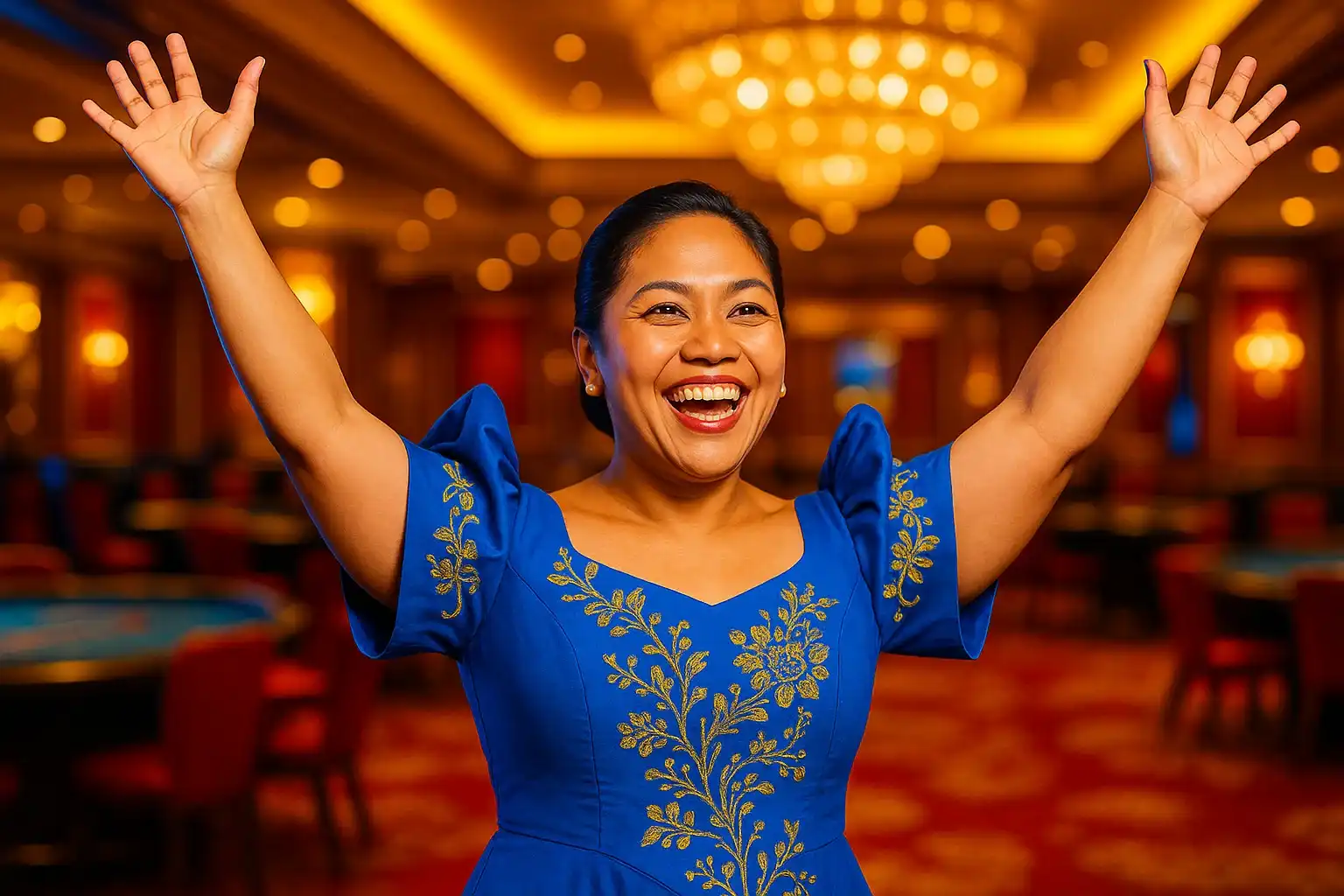 Joyful Filipino woman in Filipiniana dress celebrating in casino VIP lounge