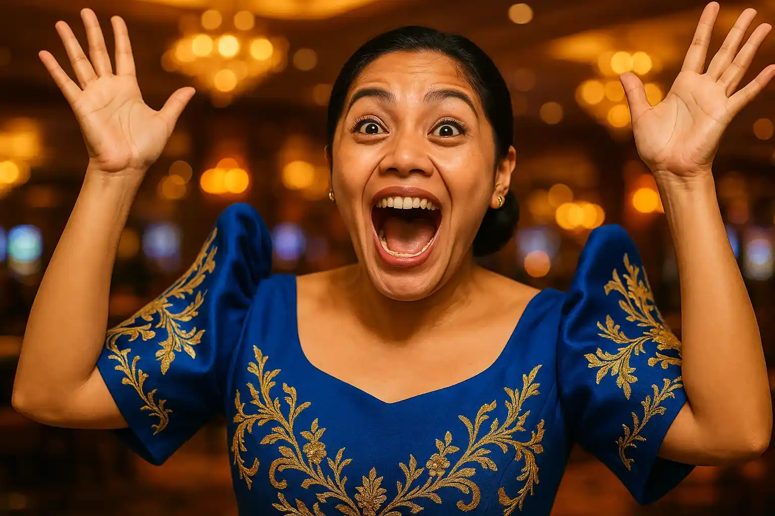 Thrilled Filipino woman in Filipiniana attire celebrating in casino lounge