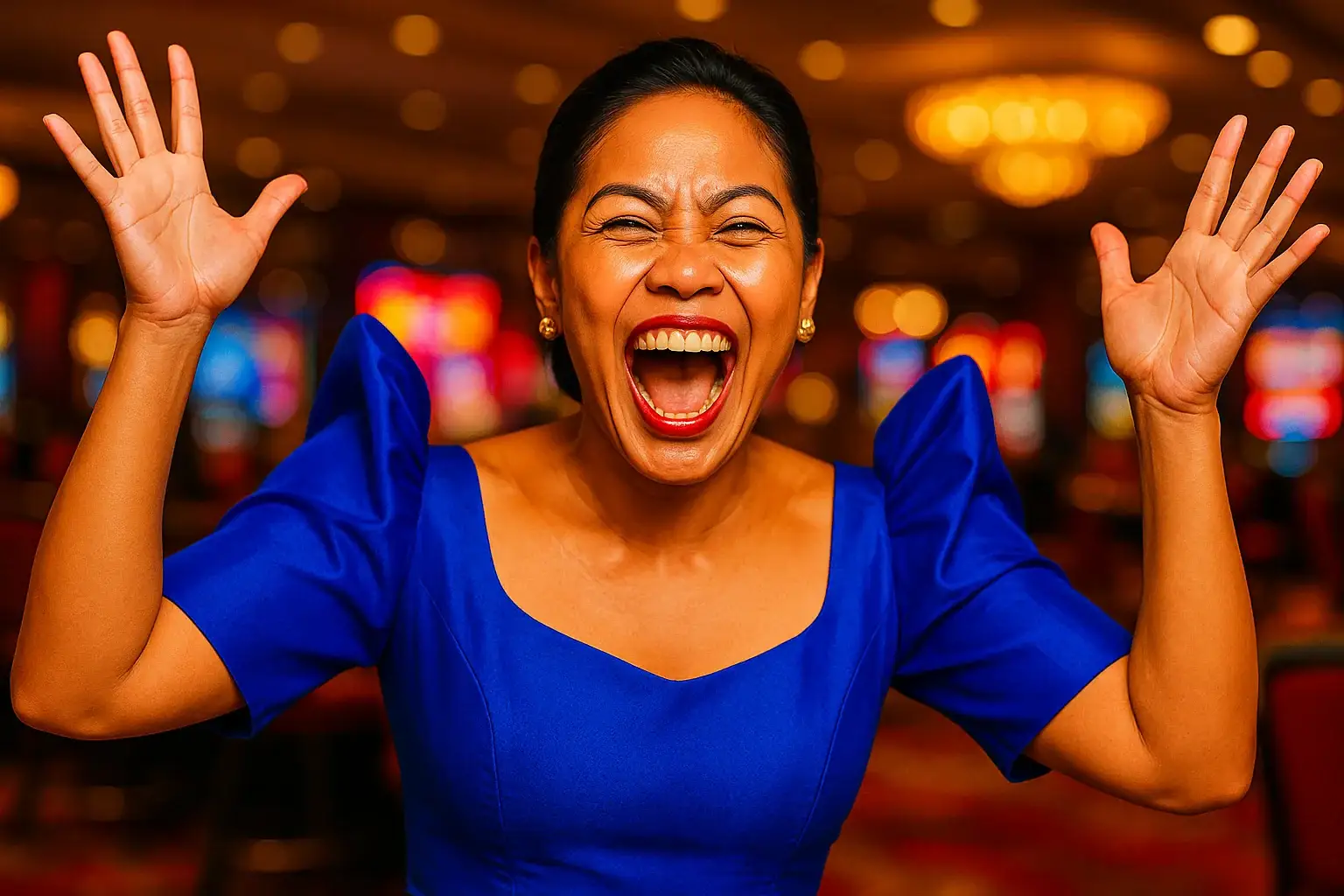 Thrilled Filipino woman in royal blue Filipiniana dress celebrating in casino lounge
