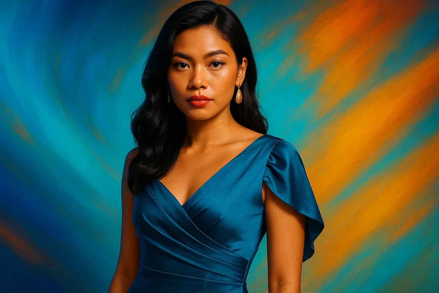 High-resolution portrait of stylish Filipino woman on blue and gold gradient background