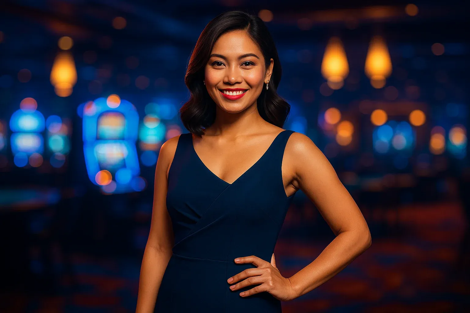 Elegant Filipino woman in evening dress smiling in blurred casino background