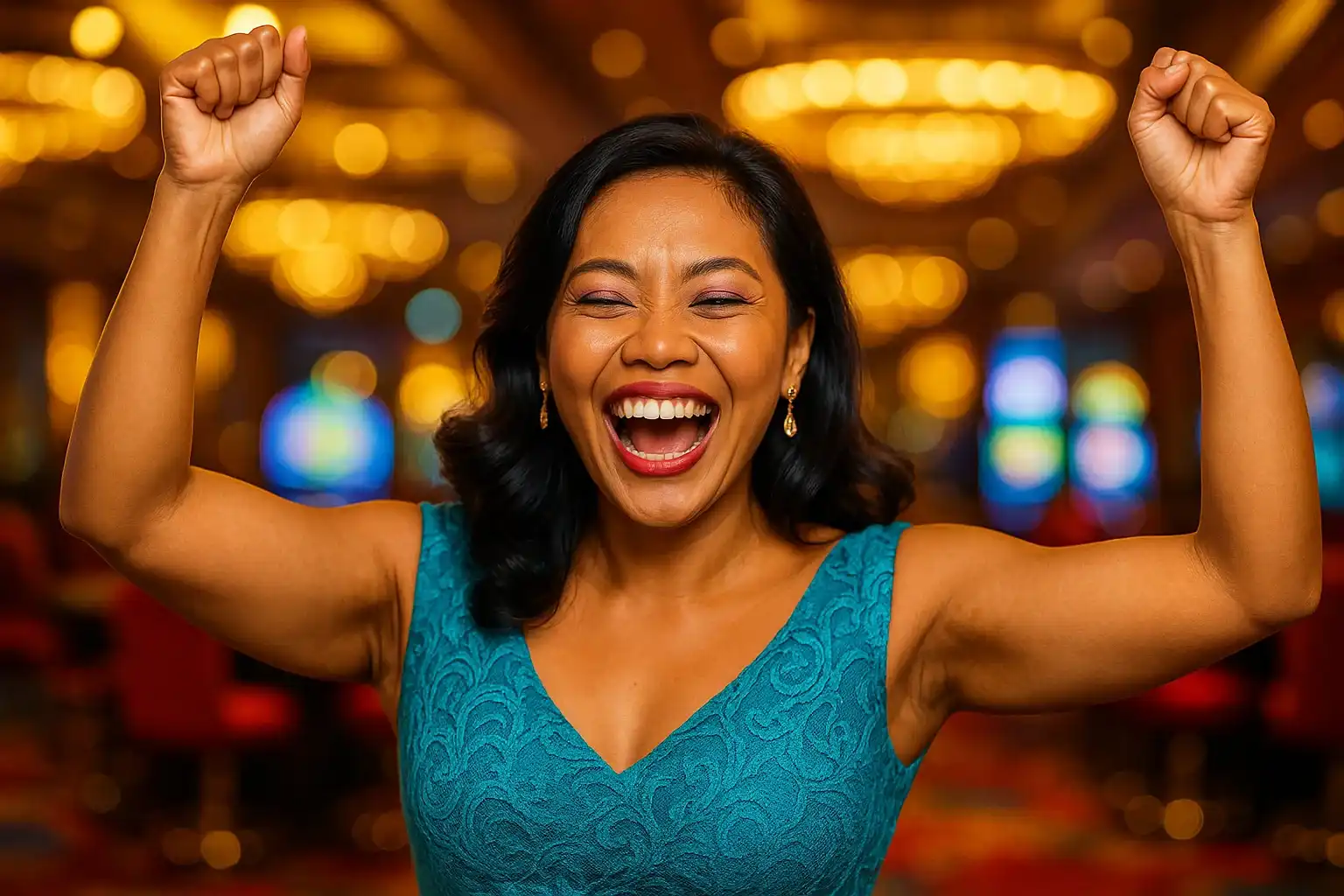 Joyful Filipino woman in elegant dress celebrating casino win in VIP lounge