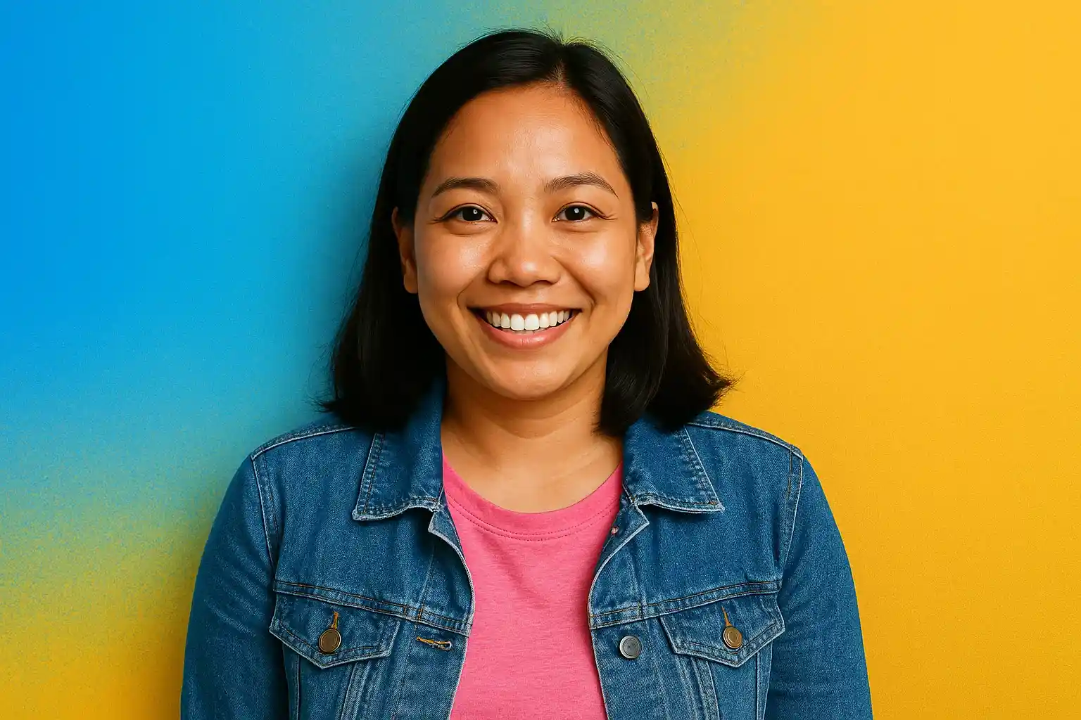 Smiling Filipino woman portrait on blue and gold abstract registration background