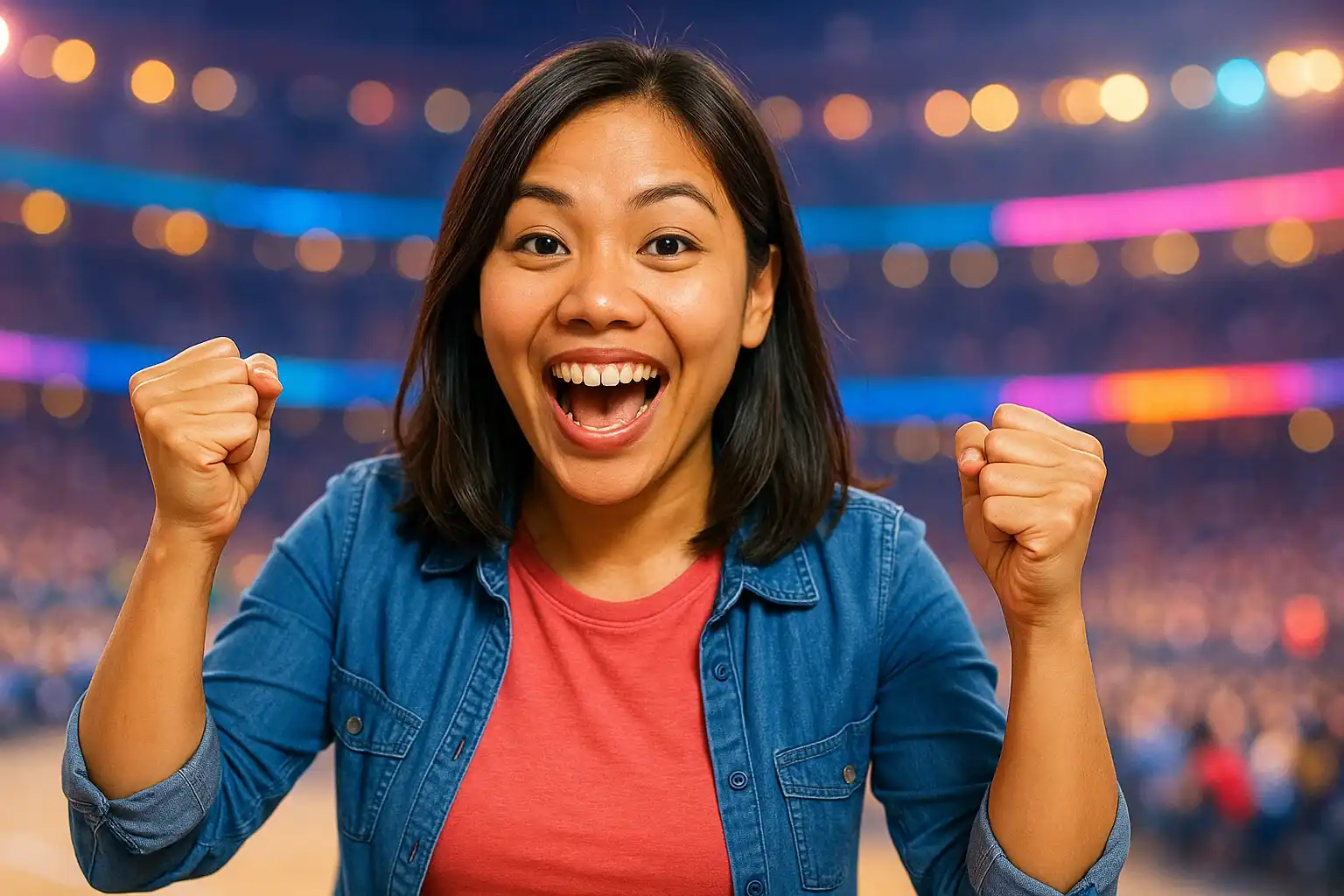 Enthusiastic Filipino woman celebrating with raised fists in blurred arena lights