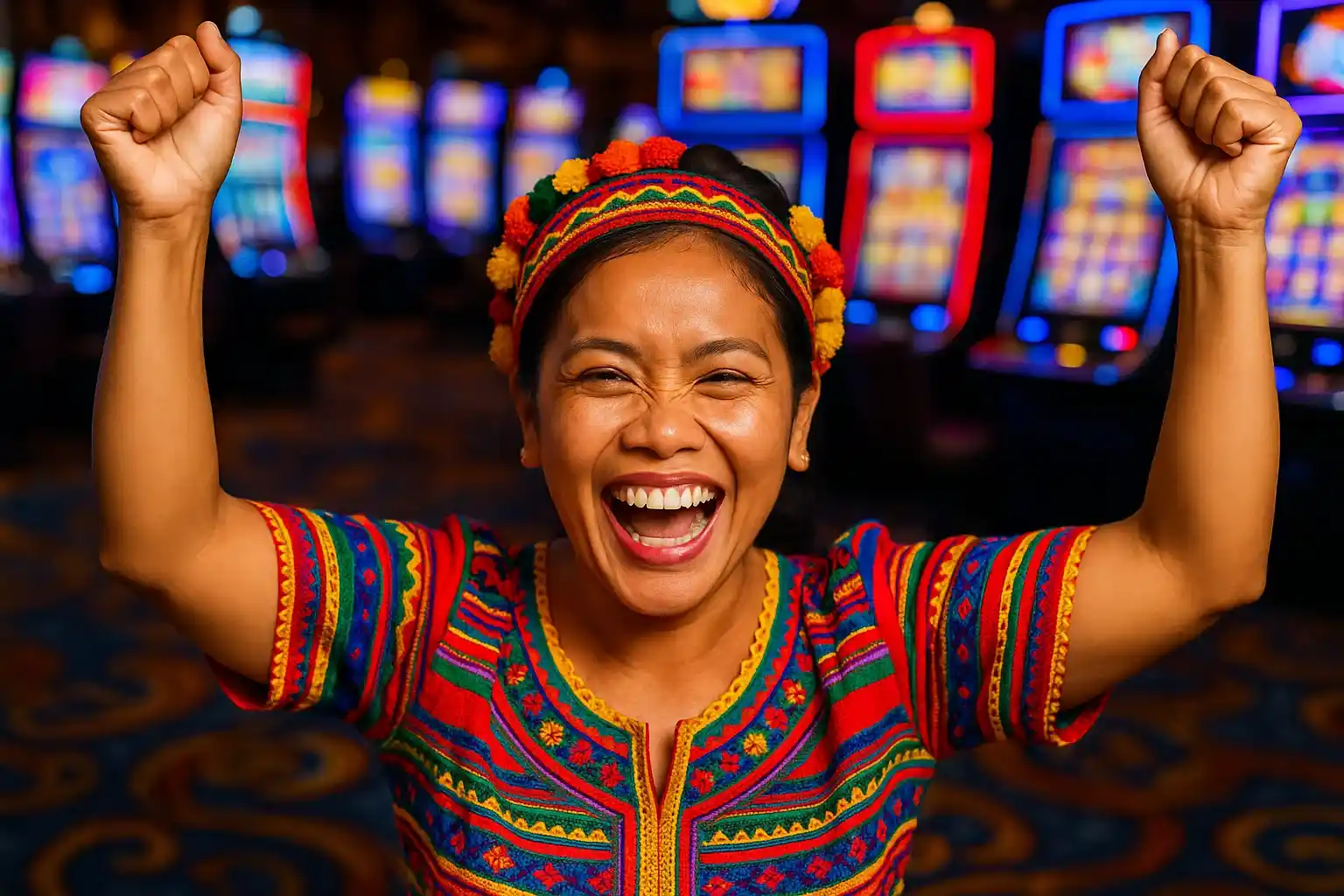 Excited Filipino woman celebrating with raised arms on blurred casino floor