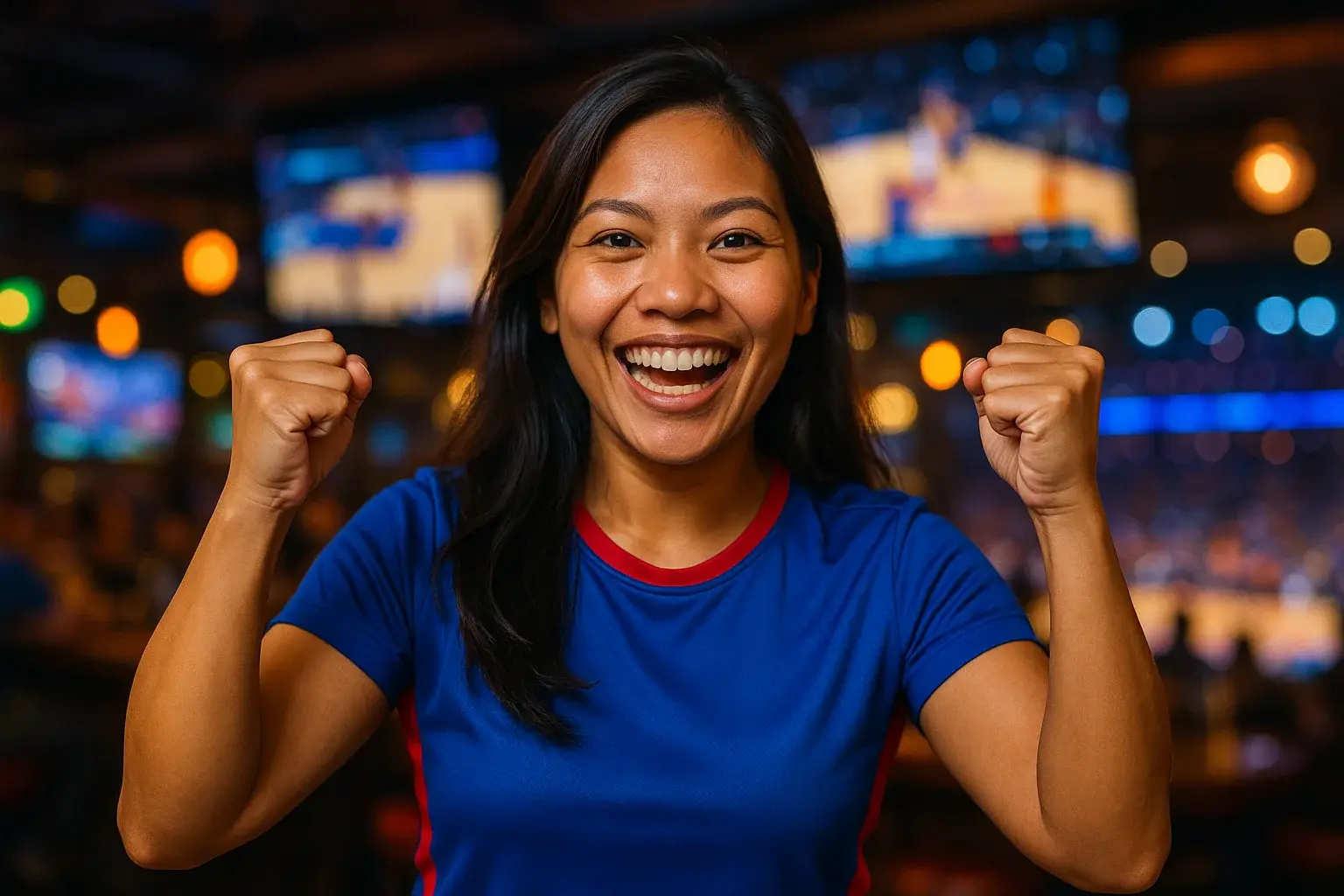 Enthusiastic Filipino woman in sports attire celebrating in a sports bar